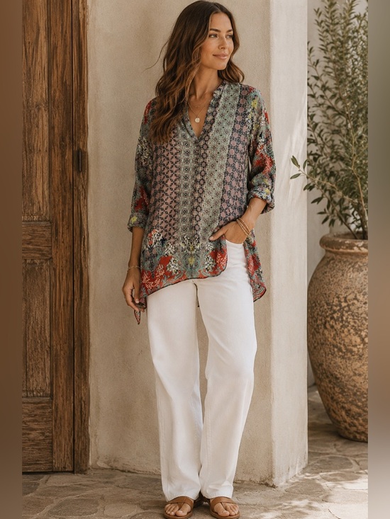 Johnny Was Tops - Johnny Was Cupra Rayon Tunic Top S Floral Patchwork Boho Blouse